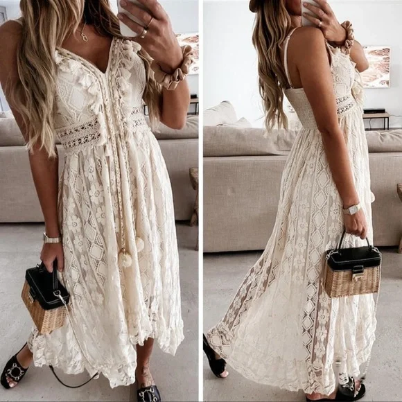New Boho Summer Lace Dress With Tassel Front - Picture 1 of 5